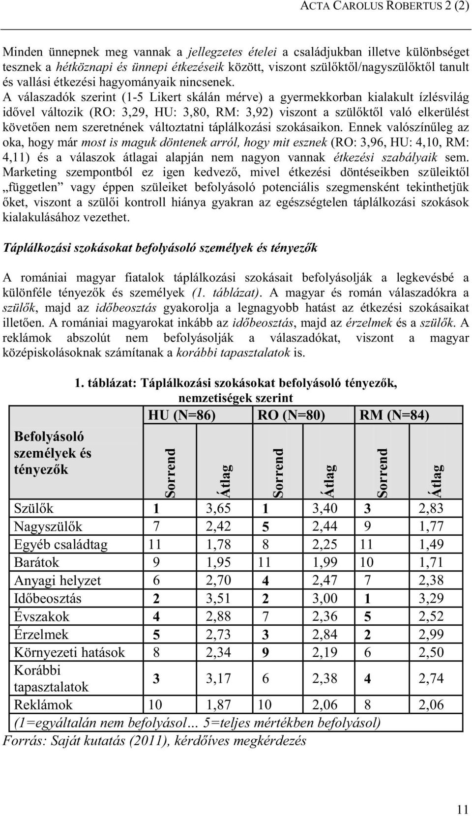 A válaszadók szerint (1-5 Likert skálán mérve) a gyermekkorban kialakult ízlésvilág idővel változik (RO: 3,29, HU: 3,80, RM: 3,92) viszont a szülőktől való elkerülést követően nem szeretnének