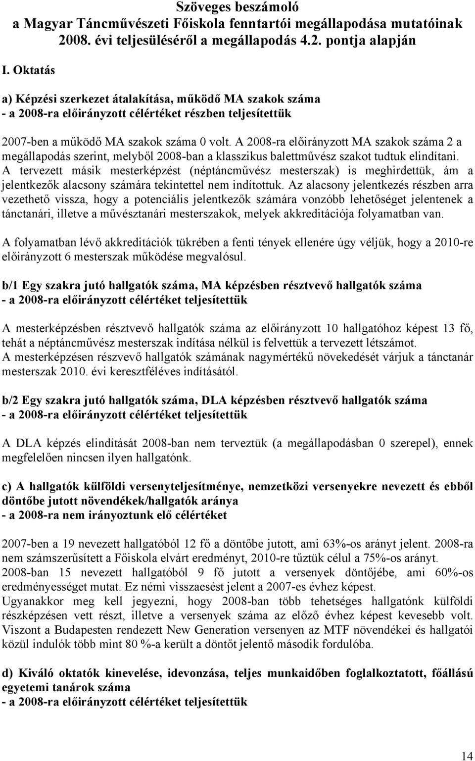 A 2008-ra előirányzott MA szakok száma 2 a megállapodás szerint, melyből 2008-ban a klasszikus balettművész szakot tudtuk elindítani.