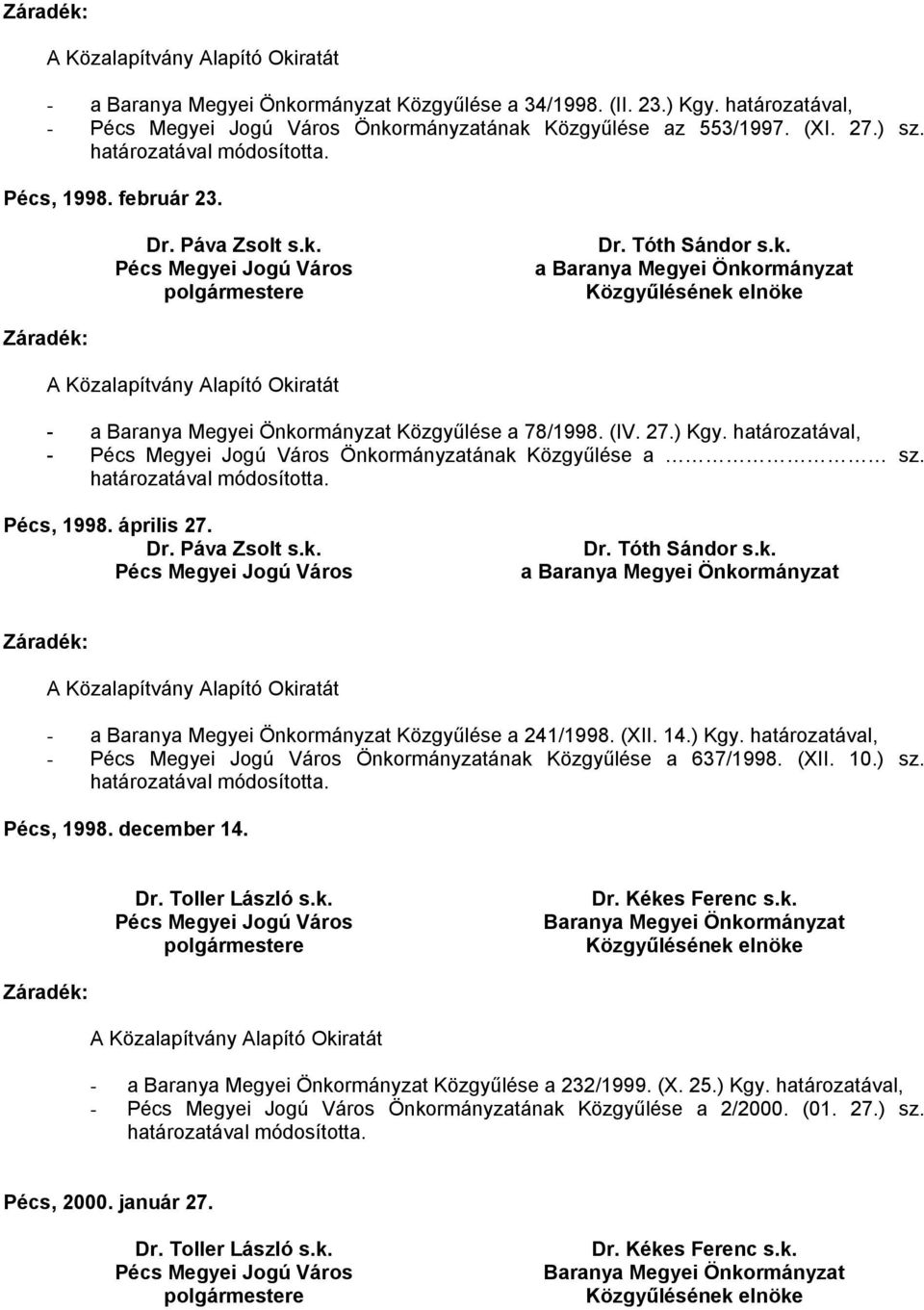 április 27. Dr. Páva Zsolt s.k. Dr. Tóth Sándor s.k. a - a Közgyűlése a 241/1998. (XII. 14.) Kgy.