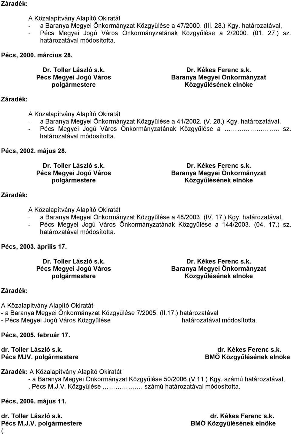 17.) határozatával - Közgyűlése Pécs, 2005. február 17. dr. Toller László s.k. Pécs MJV. dr. Kékes Ferenc s.k. BMÖ - a Közgyűlése 50/2006.(V.11.) Kgy. számú határozatával,.