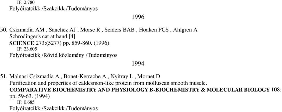 273:(5277) pp. 859-860. (1996) IF: 23.605 Folyóiratcikk /Rövid közlemény /Tudományos 1994 51.