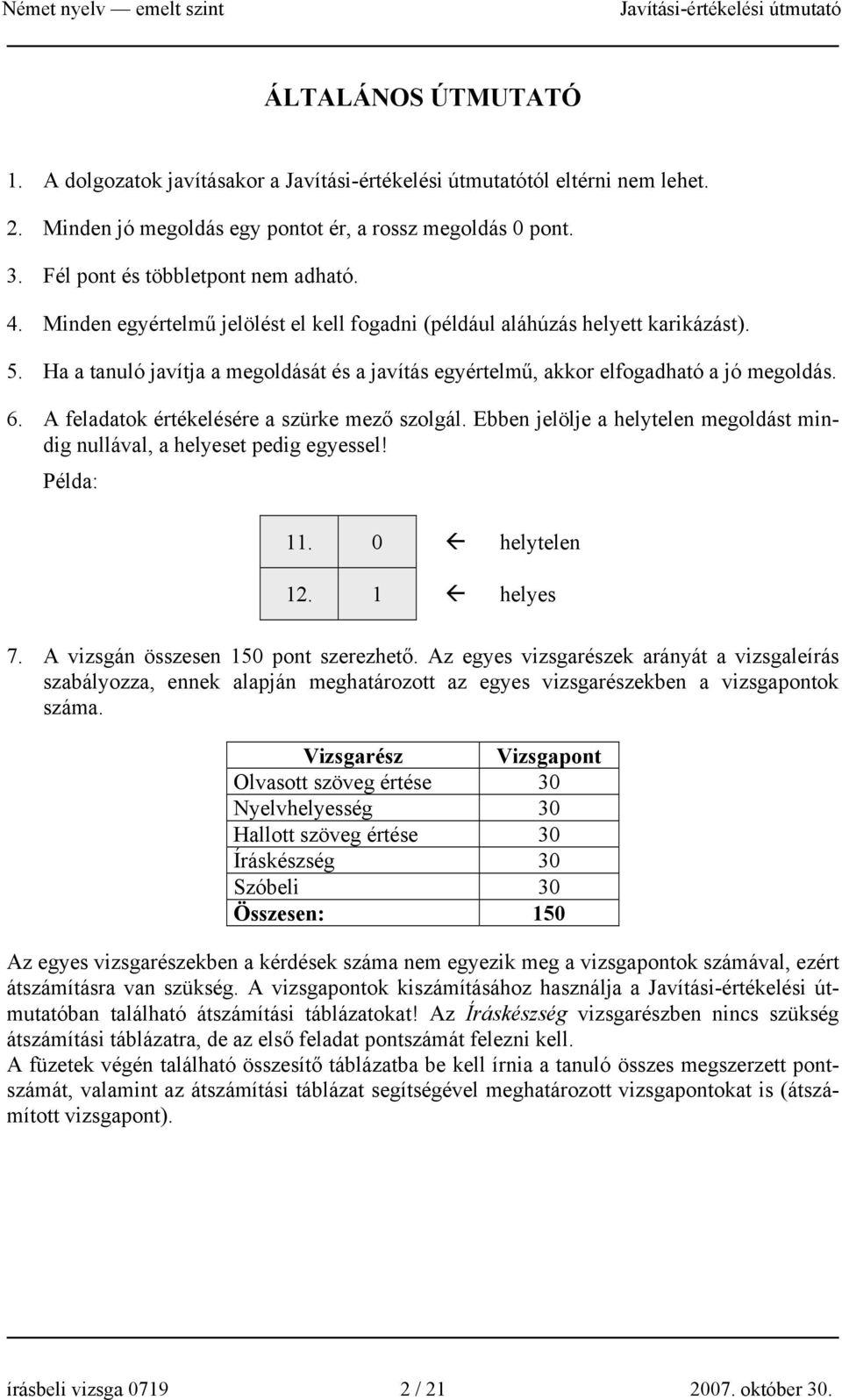 A feladatok értékelésére a szürke mező szolgál. Ebben jelölje a helytelen megoldást mindig nullával, a helyeset pedig egyessel! Példa: 11. 0 helytelen 12. 1 helyes 7.