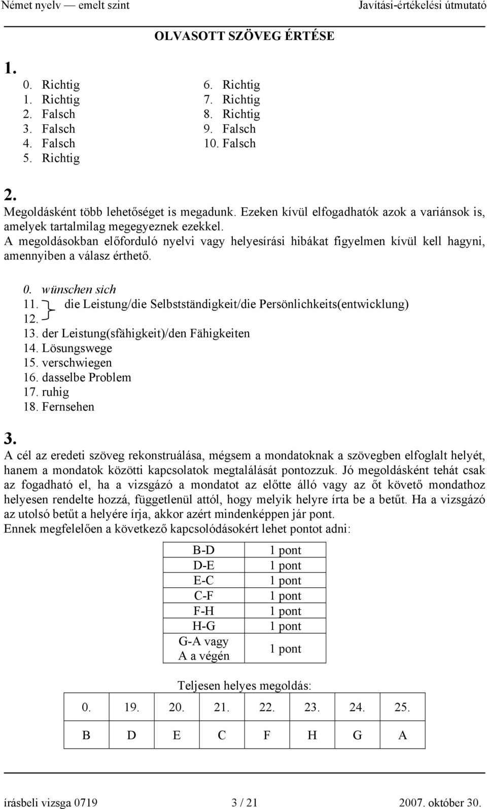 A megoldásokban előforduló nyelvi vagy helyesírási hibákat figyelmen kívül kell hagyni, amennyiben a válasz érthető. 0. wünschen sich 11.