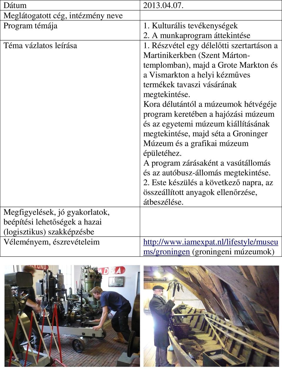 Kora délutántól a múzeumok hétvégéje program keretében a hajózási múzeum és az egyetemi múzeum kiállításának megtekintése, majd séta a Groninger Múzeum és a grafikai múzeum épületéhez.