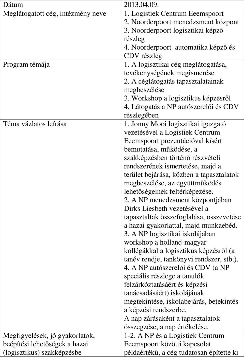 Látogatás a NP autószerelői és CDV részlegében Téma vázlatos leírása 1.