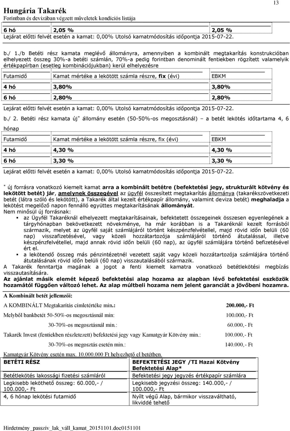 értékpapírban (esetleg kombinációjukban) kerül elhelyezésre Futamidő Kamat mértéke a lekötött számla részre, fix (évi) 4 hó 3,80% 3,80% 6 hó 2,80% 2,80% Lejárat előtti felvét esetén a kamat: 0,00%