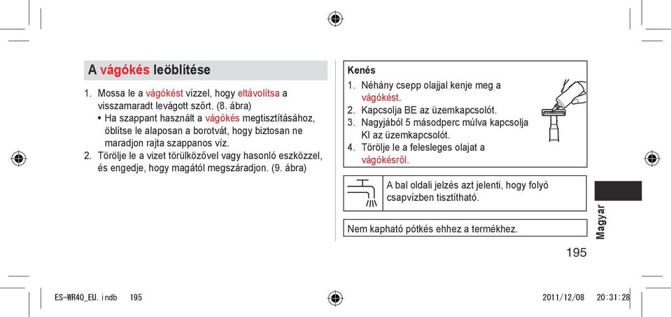 Törölje le a vizet törülközővel vagy hasonló eszközzel, és engedje, hogy magától megszáradjon. (9. ábra) Kenés 1. Néhány csepp olajjal kenje meg a vágókést. 2.