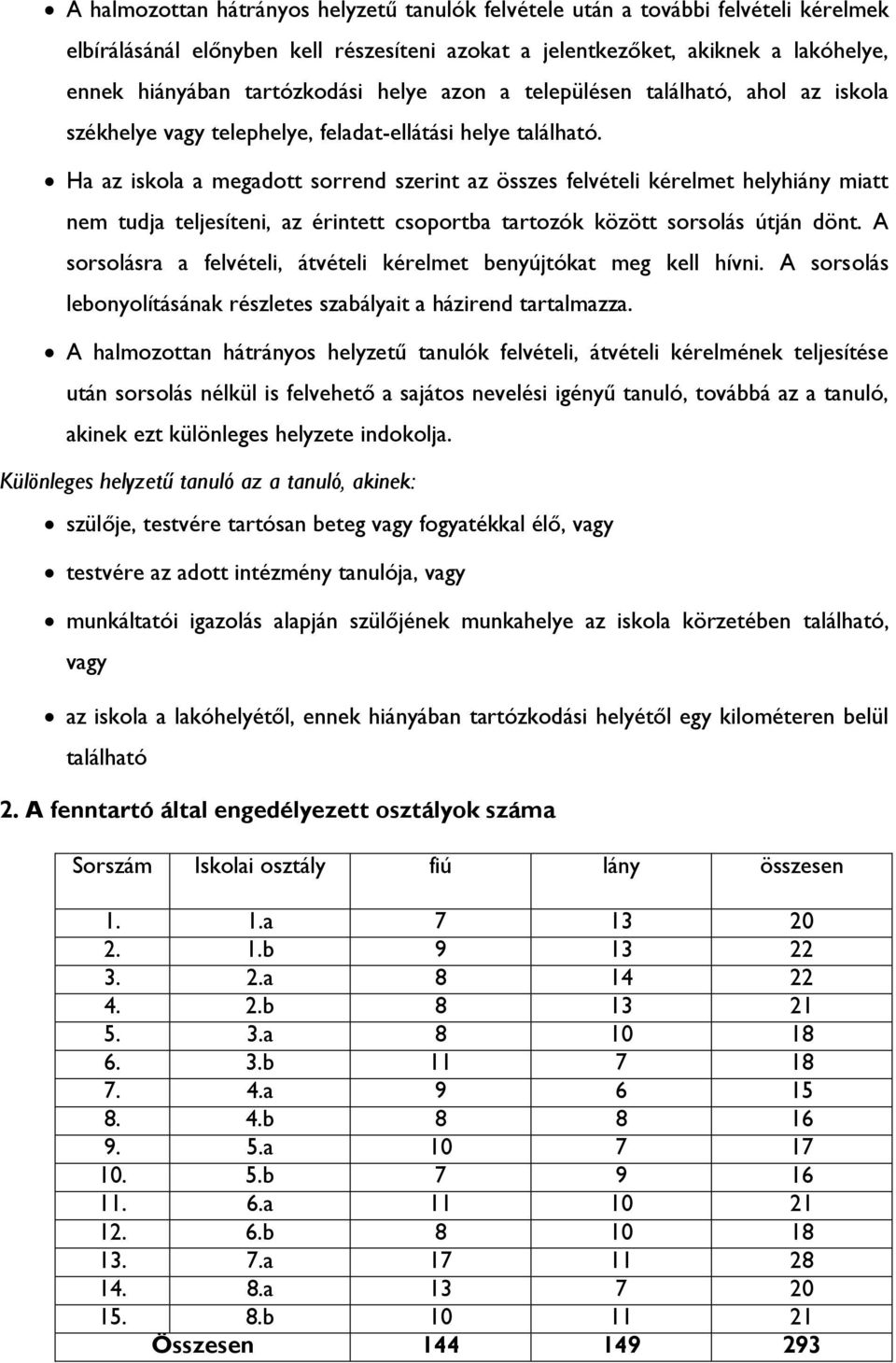 Ha az iskola a megadott sorrend szerint az összes felvételi kérelmet helyhiány miatt nem tudja teljesíteni, az érintett csoportba tartozók között sorsolás útján dönt.