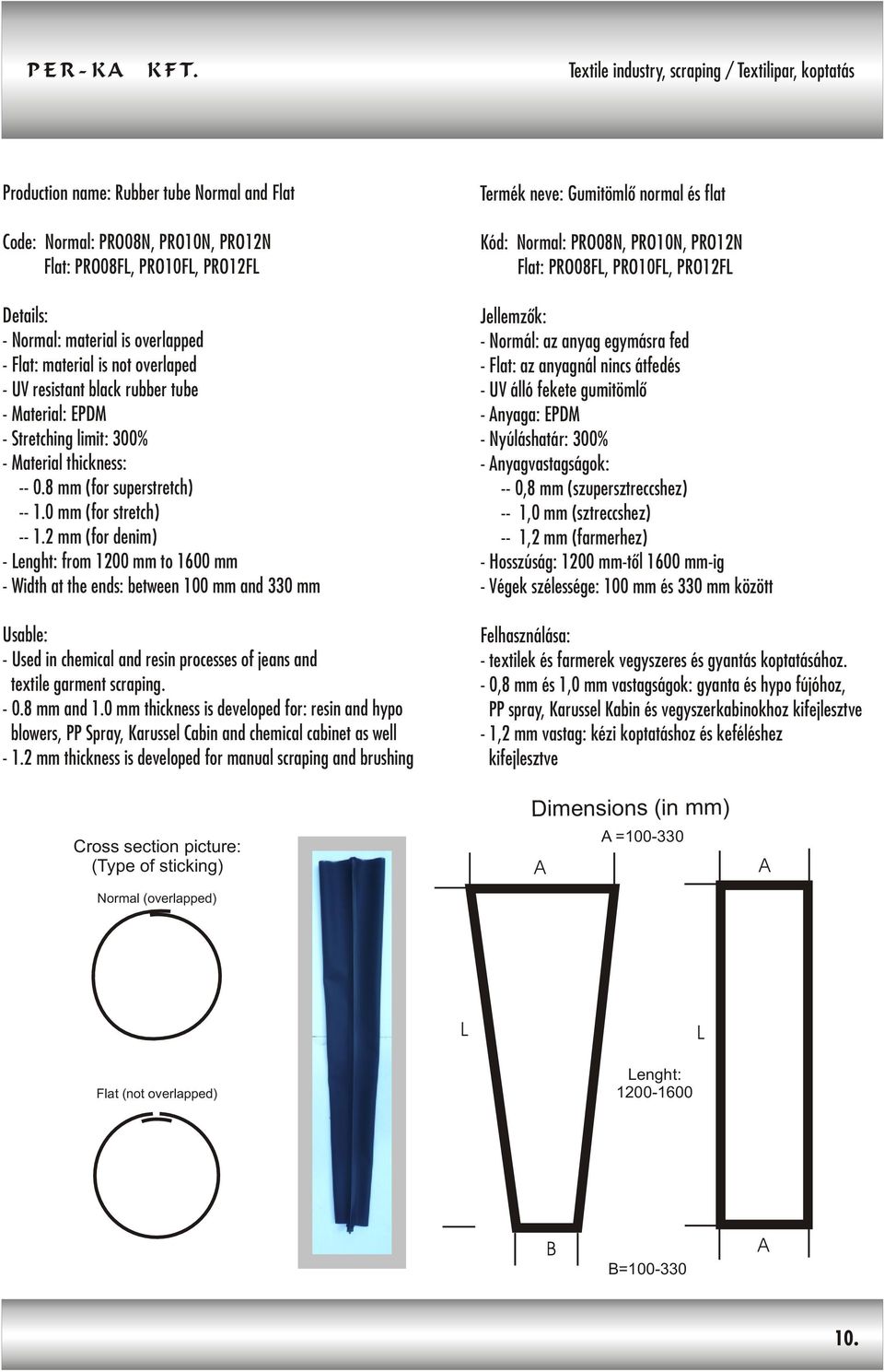 2 mm (for denim) - Lenght: from 1200 mm to 1600 mm - Width at the ends: between 100 mm and 330 mm - Used in chemical and resin processes of jeans and textile garment scraping. - 0.8 mm and 1.