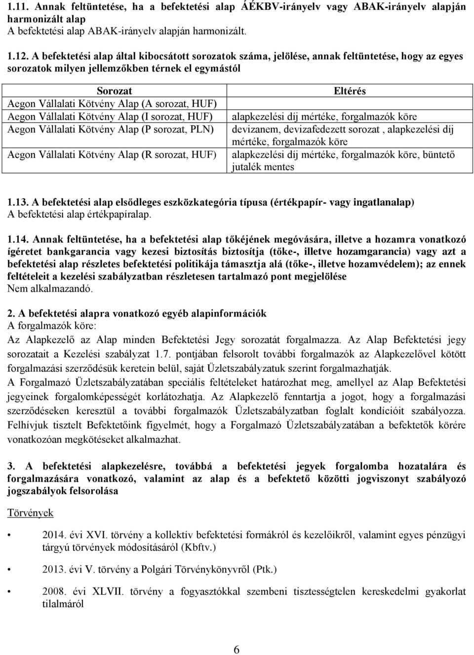 HUF) Aegon Vállalati Kötvény Alap (I sorozat, HUF) Aegon Vállalati Kötvény Alap (P sorozat, PLN) Aegon Vállalati Kötvény Alap (R sorozat, HUF) Eltérés alapkezelési díj mértéke, forgalmazók köre