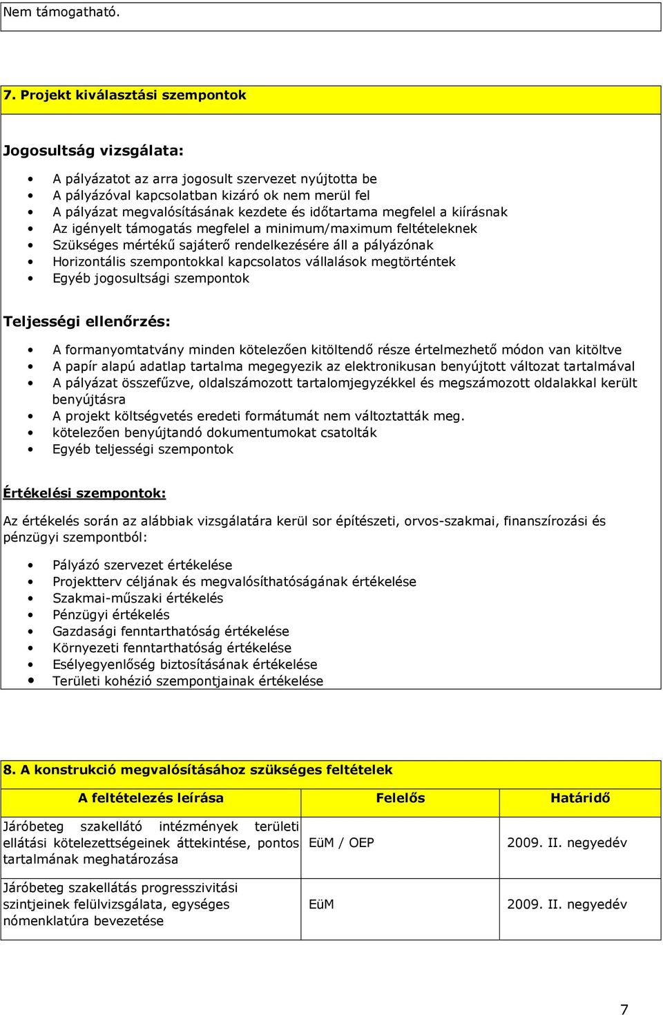idıtartama megfelel a kiírásnak Az igényelt támogatás megfelel a minimum/maximum feltételeknek Szükséges mértékő sajáterı rendelkezésére áll a pályázónak Horizontális szempontokkal kapcsolatos