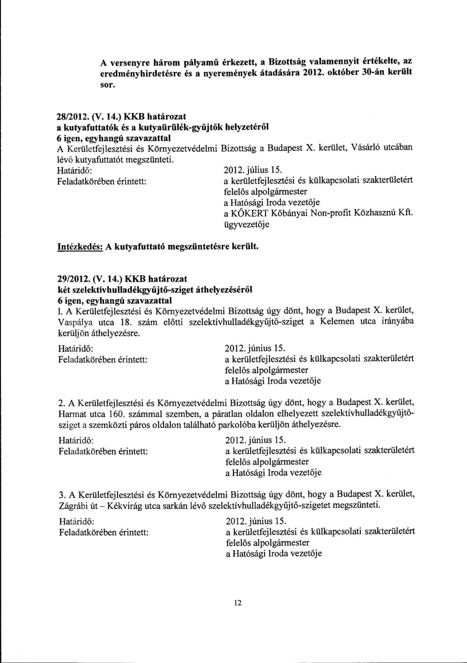 kerület, Vásárló utcában lévő kutyafuttatót megszünteti. 2012. július 15. a KŐKERT Kőbányai Non-profit Közhasznú Kft. ügyvezetője Intézked: A kutyafuttató megszüntetre került. 29/2012. (V. 14.