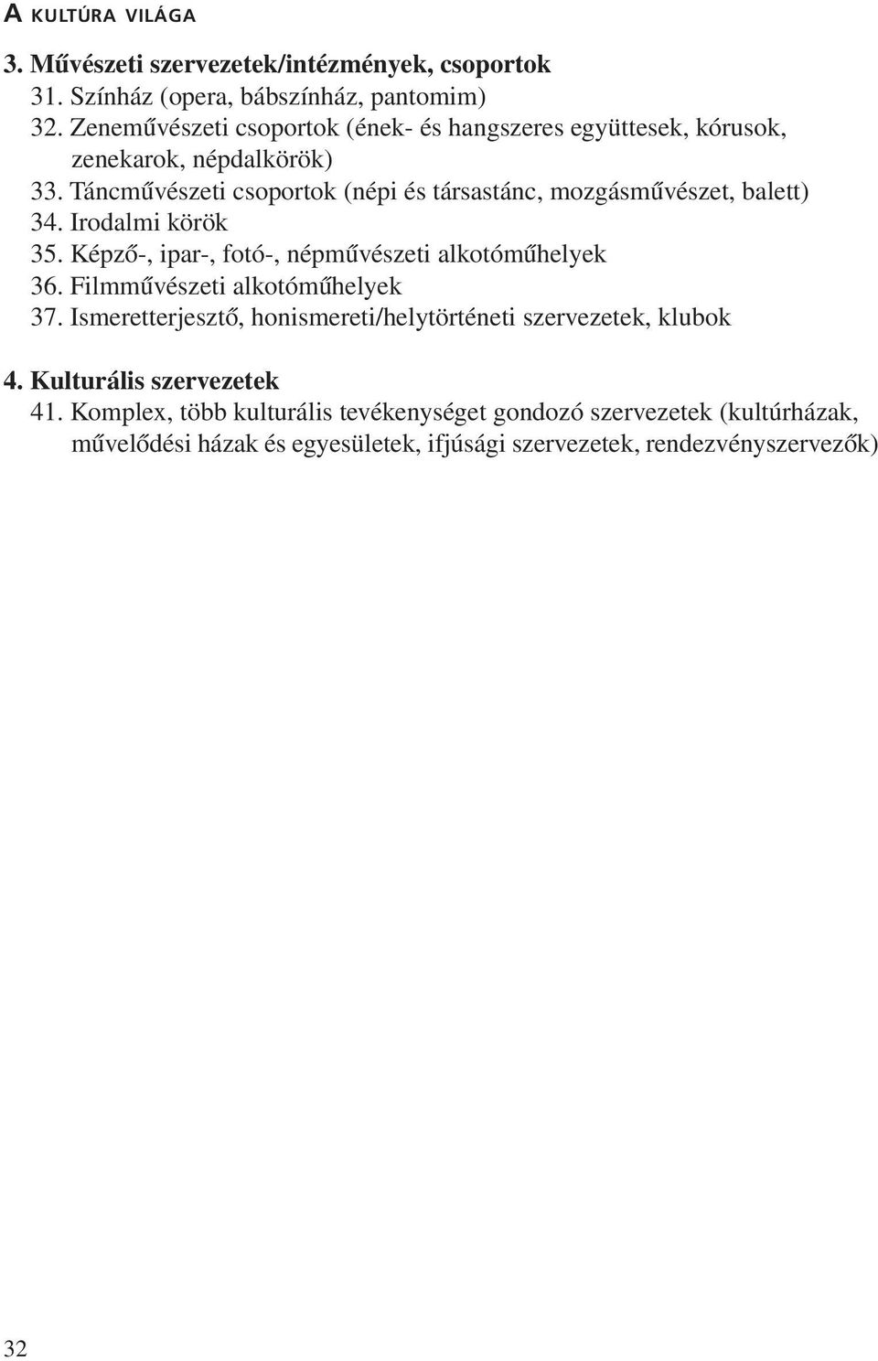 Táncmûvészeti csoportok (népi és társastánc, mozgásmûvészet, balett) 34. Irodalmi körök 35. Képzõ-, ipar-, fotó-, népmûvészeti alkotómûhelyek 36.