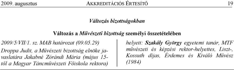 29) Droppa Judit, a Mővészeti bizottság elnöke javaslatára Jakabné Zórándi Mária (május 15- tıl a Magyar