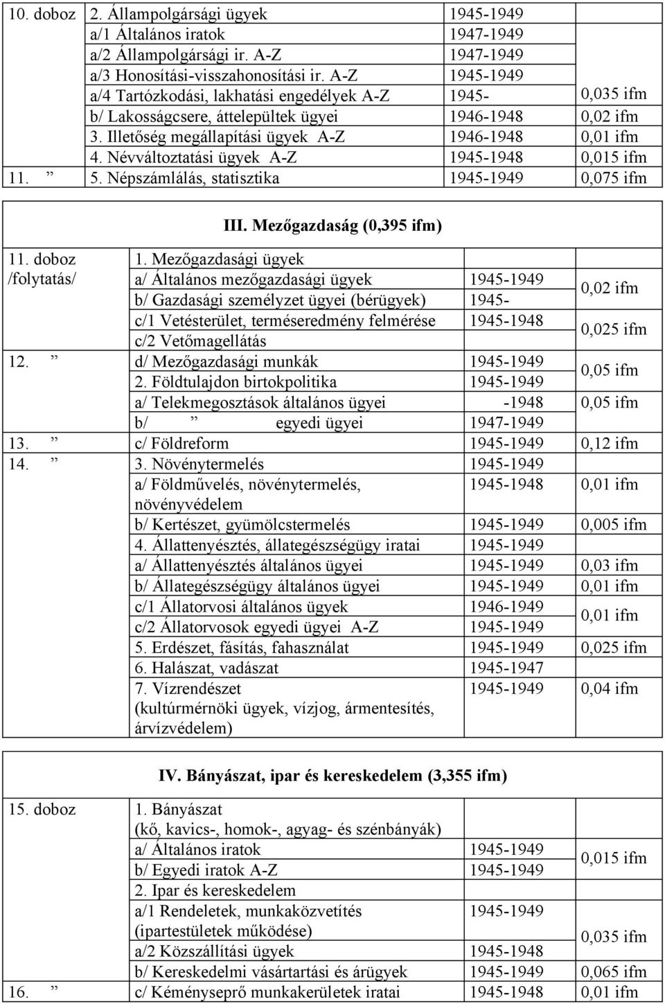 Névváltoztatási ügyek A-Z 1945-1948 0,015 ifm 11. 5. Népszámlálás, statisztika 1945-1949 0,075 ifm III. Mezőgazdaság (0,395 ifm) 11. doboz 1.