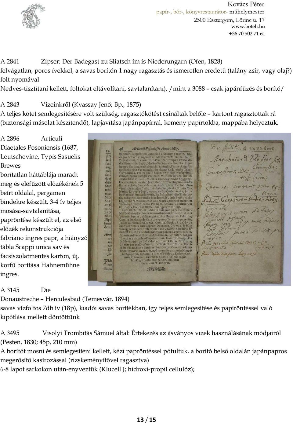 , 1875) A teljes kötet semlegesítésére volt szükség, ragasztókötést csináltak belőle kartont ragasztottak rá (biztonsági másolat készítendő), lapjavítása japánpapírral, kemény papírtokba, mappába