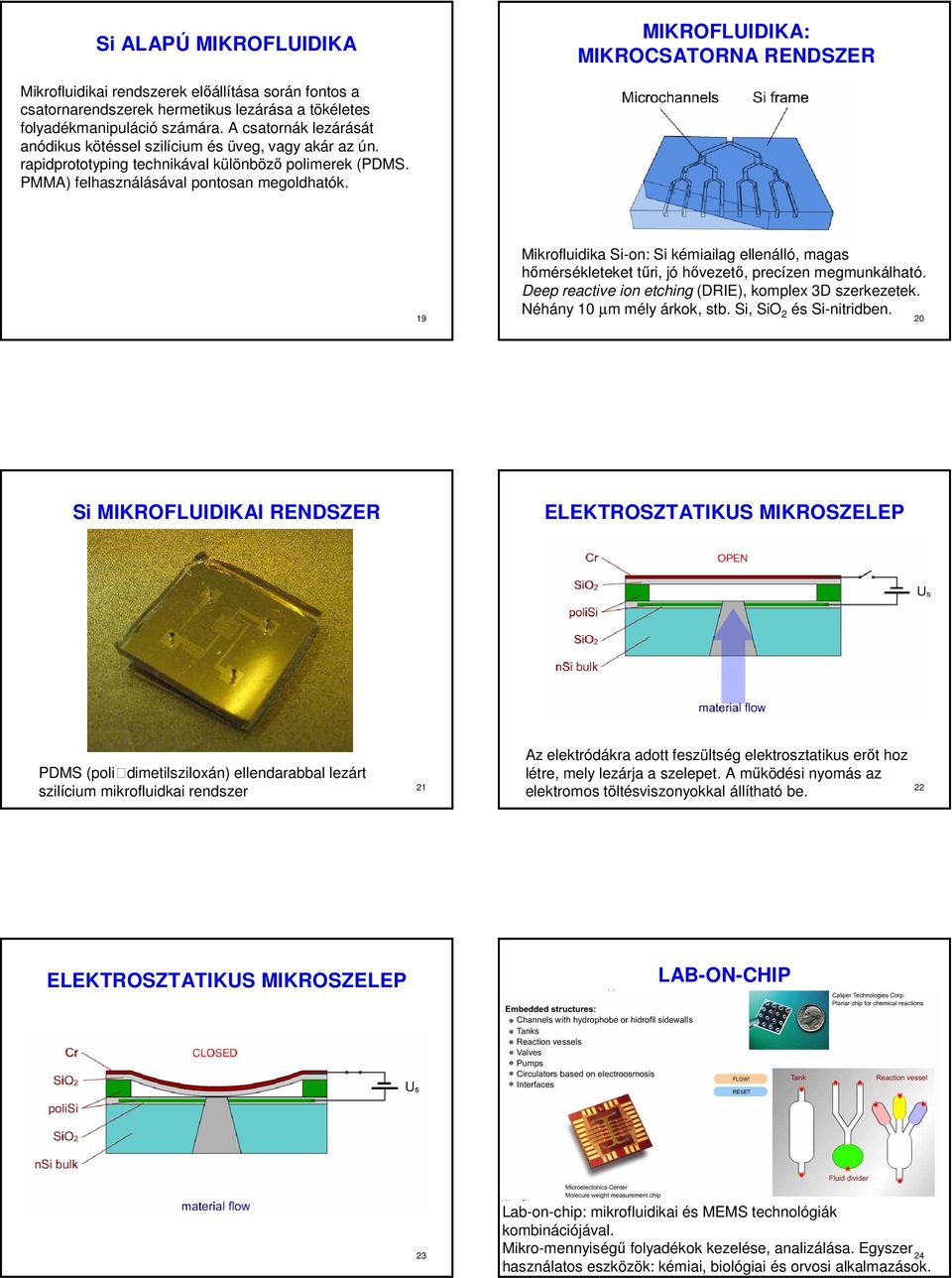 19 Mikrofluidika Si-on: Si kémiailag ellenálló, magas hőmérsékleteket tűri, jó hővezető, precízen megmunkálható. Deep reactive ion etching (DRIE), komplex 3D szerkezetek. Néhány 10 µm mély árkok, stb.