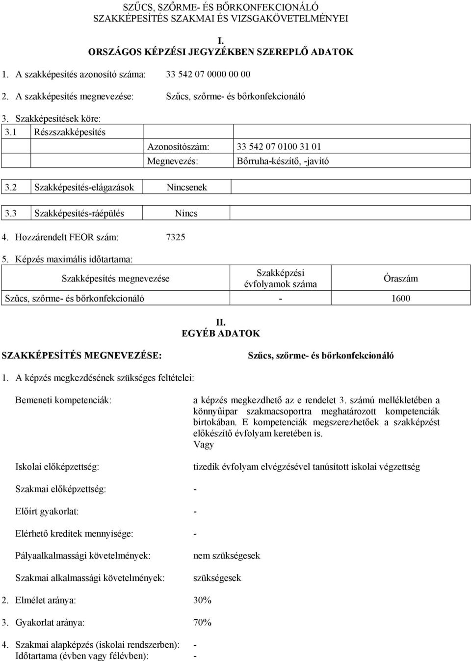 2 Szakképesítés-elágazások Nincsenek 3.3 Szakképesítés-ráépülés Nincs 4. Hozzárendelt FEOR szám: 7325 5.