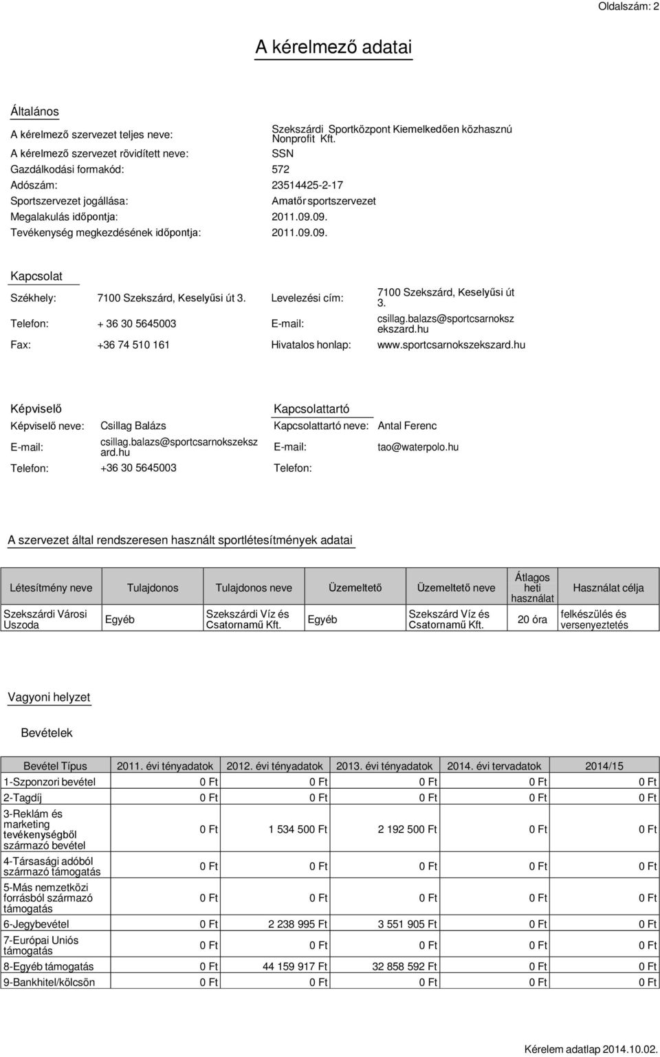 09. Tevékenység megkezdésének időpontja: 2011.09.09. Kapcsolat Székhely: 7100 Szekszárd, Keselyűsi út 3.