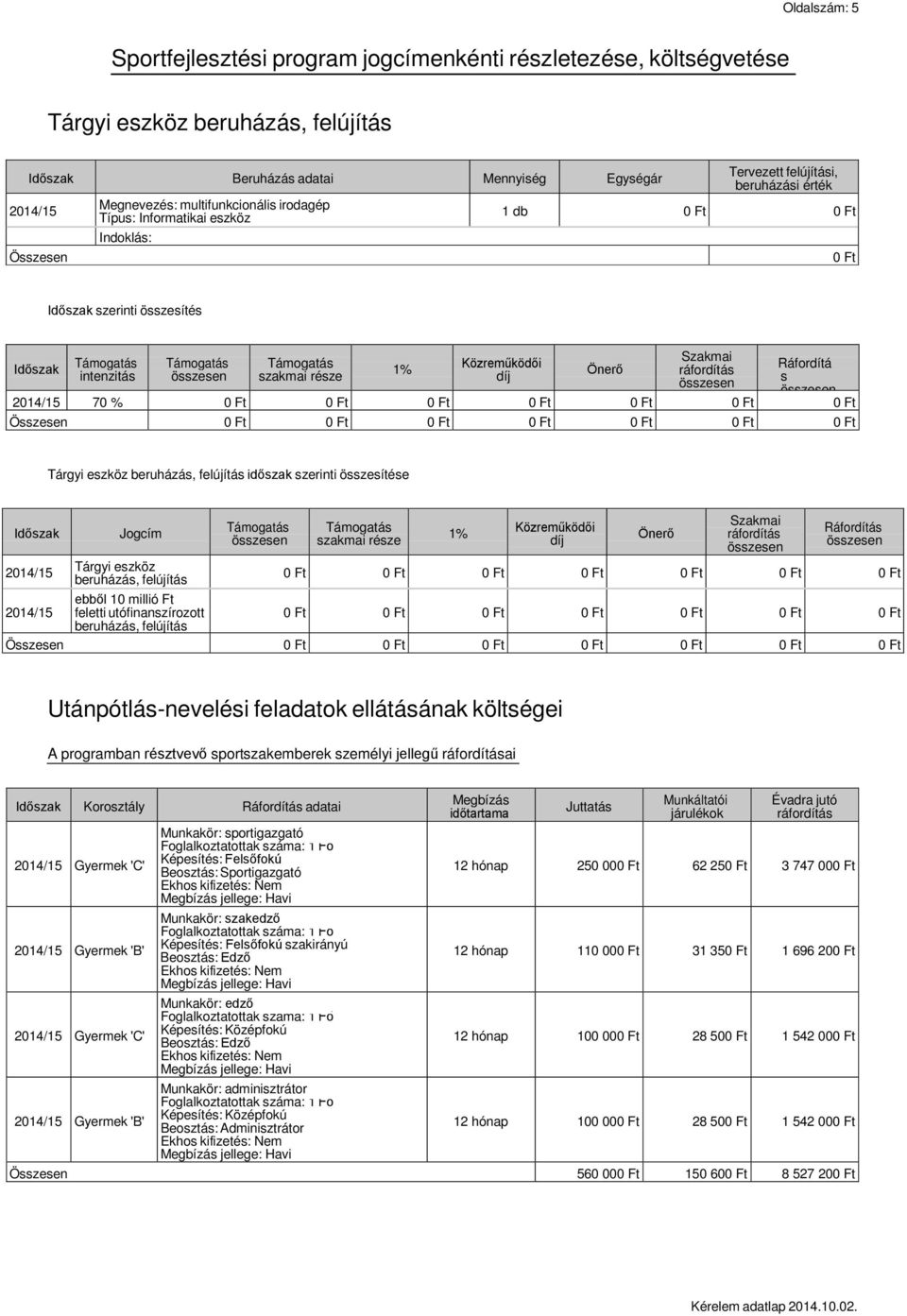 Ráfordítá s 2014/15 70 % Tárgyi eszköz beruházás, felújítás időszak szerinti összesítése Jogcím Támogatás Támogatás 1% Közreműködői szakmai része díj Önerő Szakmai ráfordítás Ráfordítás 2014/15