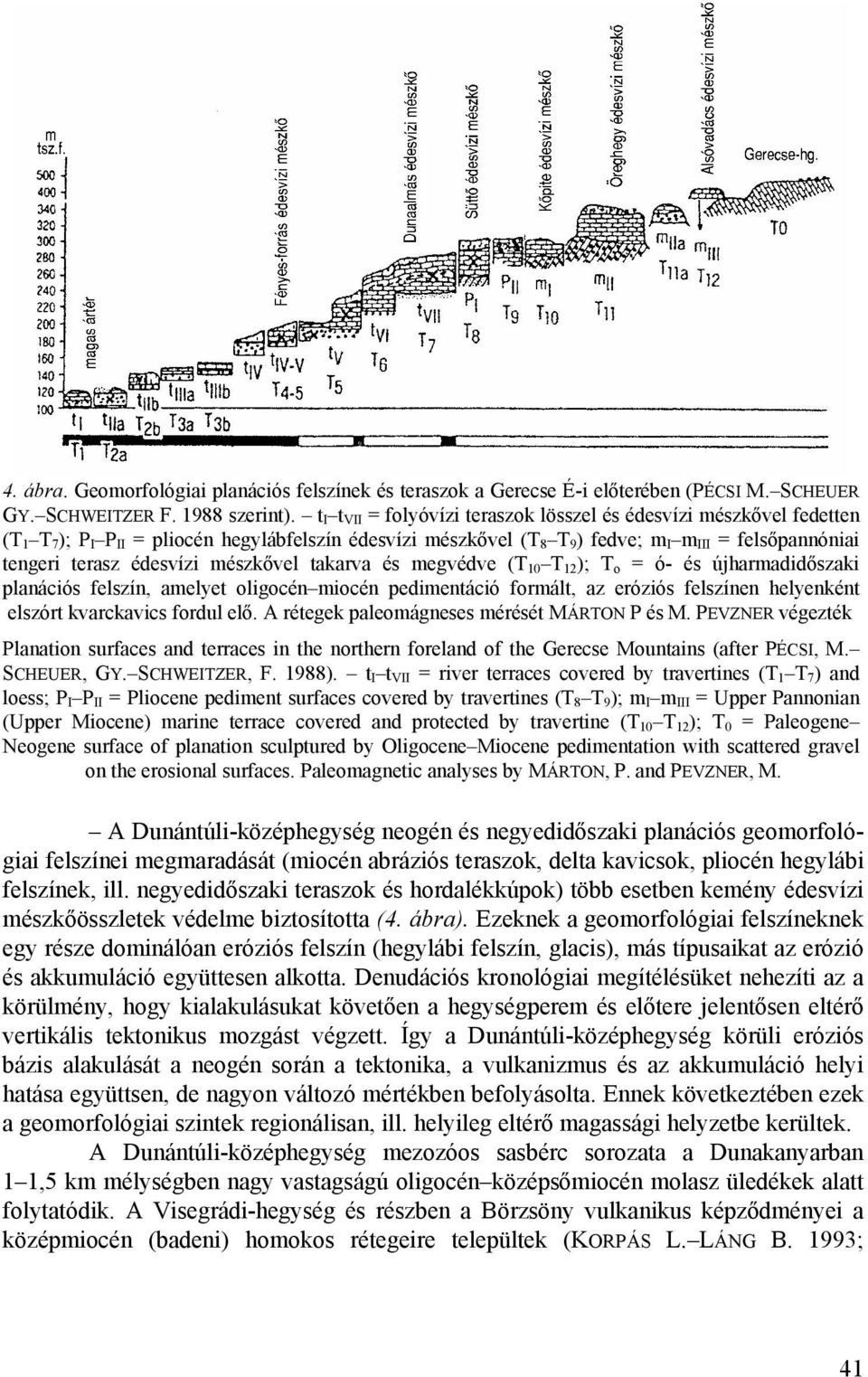 édesvízi mészkővel takarva és megvédve (T 10 T 12 ); T o = ó- és újharmadidőszaki planációs felszín, amelyet oligocén miocén pedimentáció formált, az eróziós felszínen helyenként elszórt kvarckavics