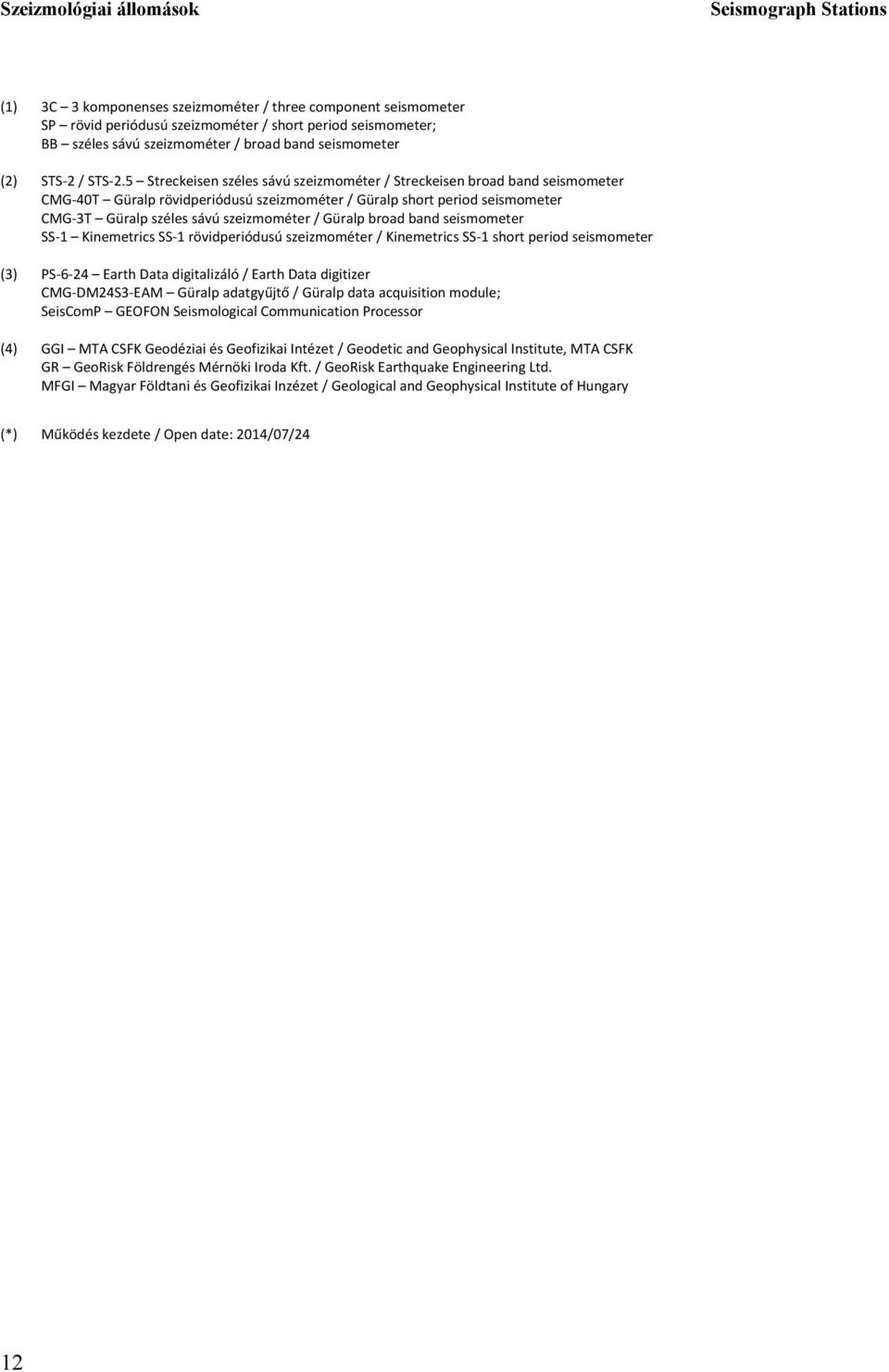 5 Streckeisen széles sávú szeizmométer / Streckeisen broad band seismometer CMG-40T Güralp rövidperiódusú szeizmométer / Güralp short period seismometer CMG-T Güralp széles sávú szeizmométer / Güralp