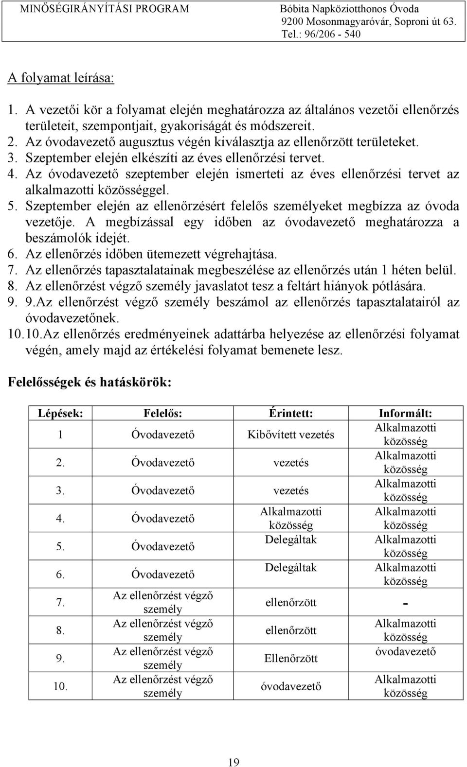 Az óvodavezető szeptember elején ismerteti az éves ellenőrzési tervet az alkalmazotti közösséggel. 5. Szeptember elején az ellenőrzésért felelős személyeket megbízza az óvoda vezetője.