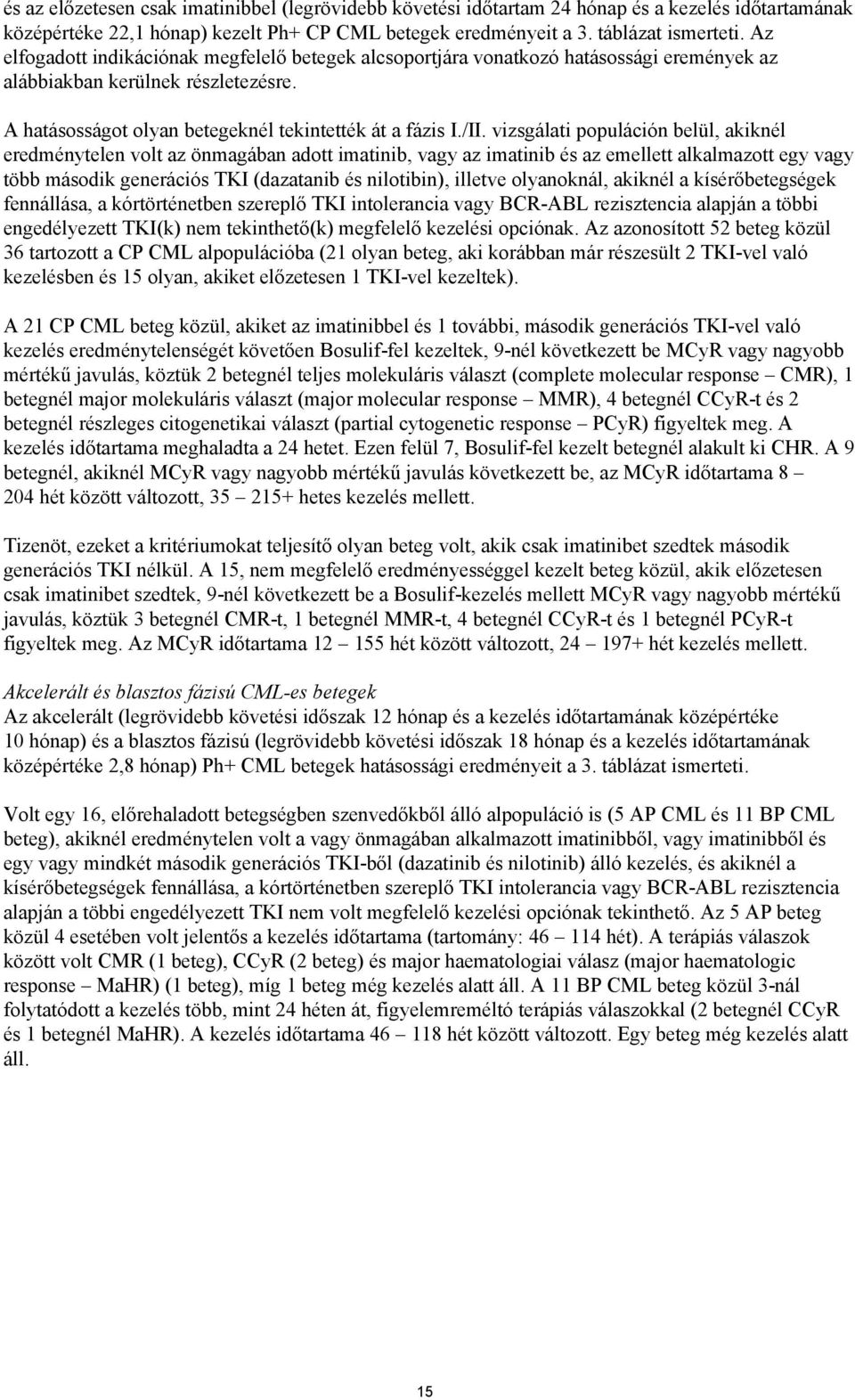 vizsgálati populáción belül, akiknél eredménytelen volt az önmagában adott imatinib, vagy az imatinib és az emellett alkalmazott egy vagy több második generációs TKI (dazatanib és nilotibin), illetve