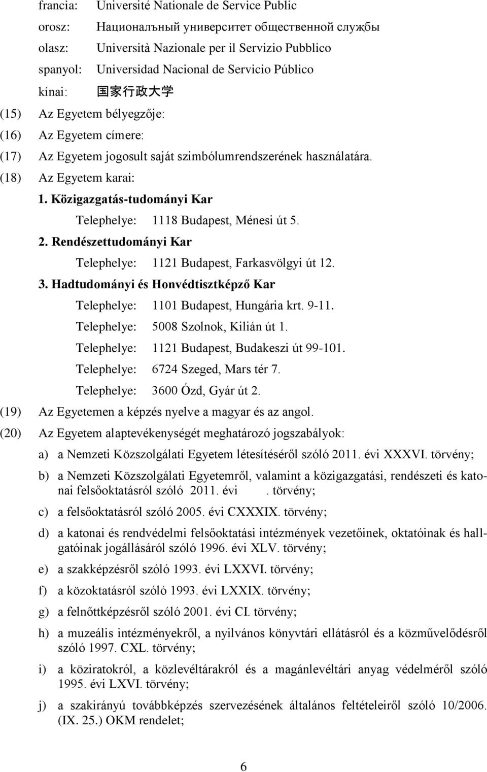 Közigazgatás-tudományi Kar Telephelye: 1118 Budapest, Ménesi út 5. 2. Rendészettudományi Kar Telephelye: 1121 Budapest, Farkasvölgyi út 12. 3.