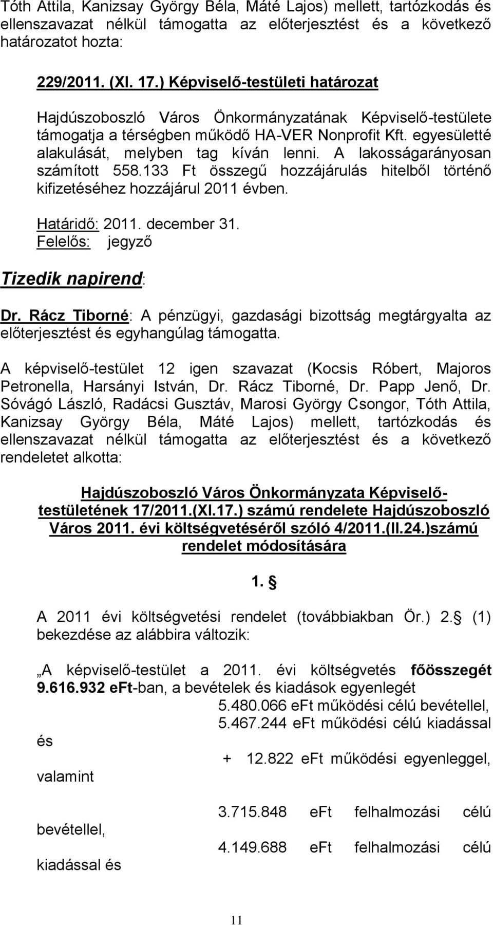 Felelős: jegyző Tizedik napirend: Dr. Rácz Tiborné: A pénzügyi, gazdasági bizottság megtárgyalta az Petronella, Harsányi István, Dr. Rácz Tiborné, Dr. Papp Jenő, Dr.