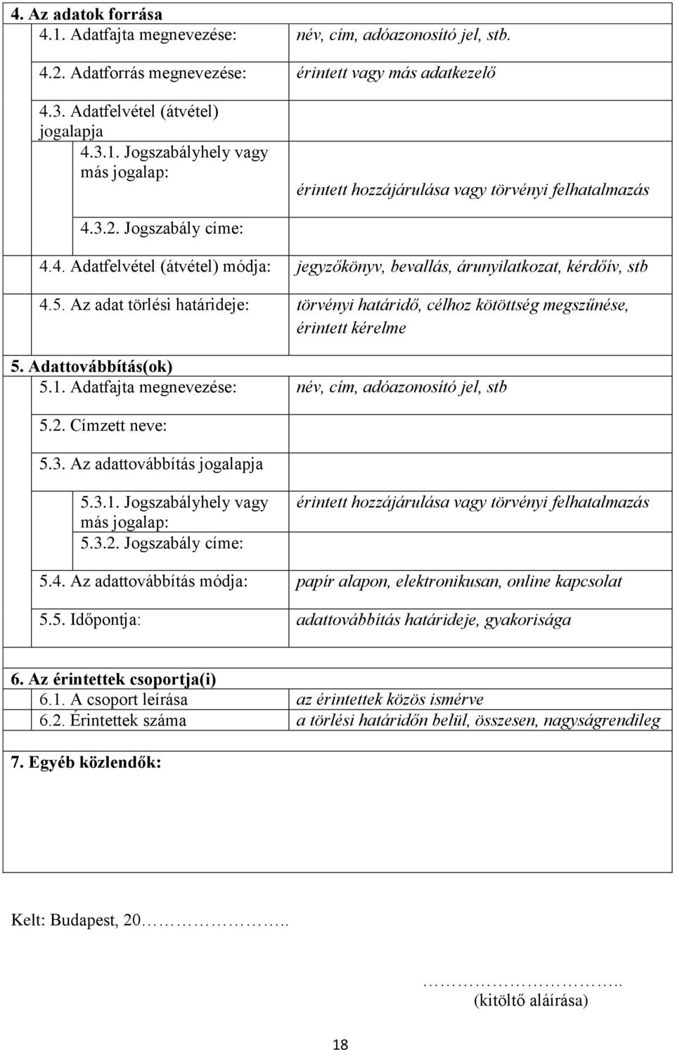 Az adat törlési határideje: törvényi határidő, célhoz kötöttség megszűnése, érintett kérelme 5. Adattovábbítás(ok) 5.1. Adatfajta megnevezése: név, cím, adóazonosító jel, stb 5.2. Címzett neve: 5.3.