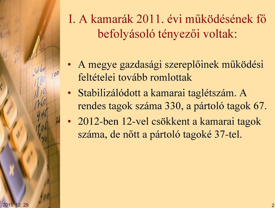 működési feltételei tovább romlottak Stabilizálódott a kamarai taglétszám.