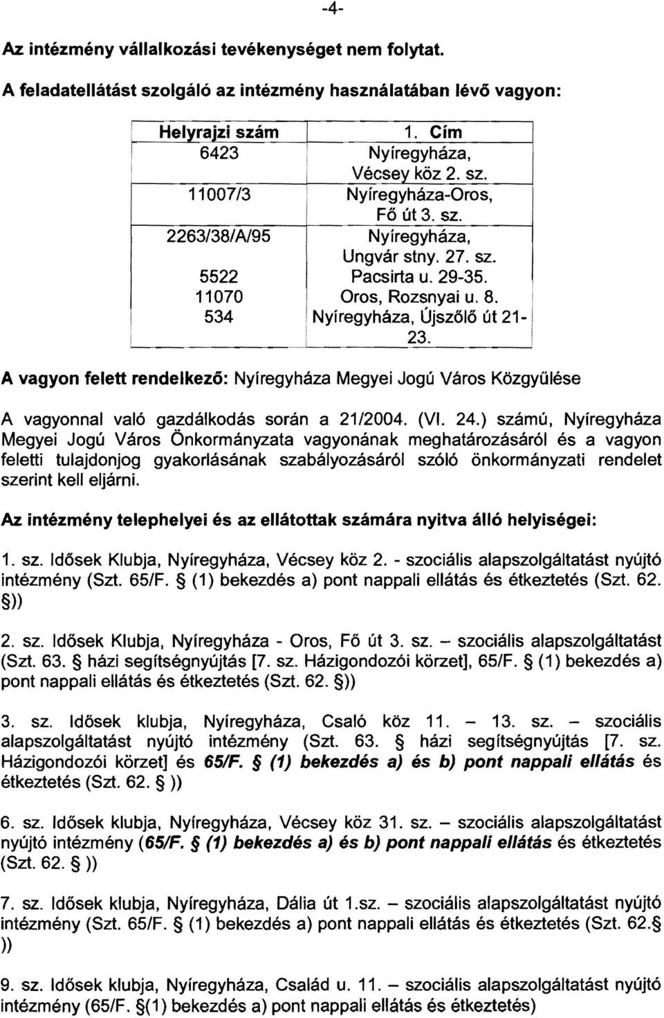 ! 534 Nyíregyháza, Újszőlő út 21 A vagyon felett rendelkező: Nyíregyháza Megyei Jogú Város Közgyűlése A vagyonnal való gazdálkodás során a 21/2004. (VI. 24.