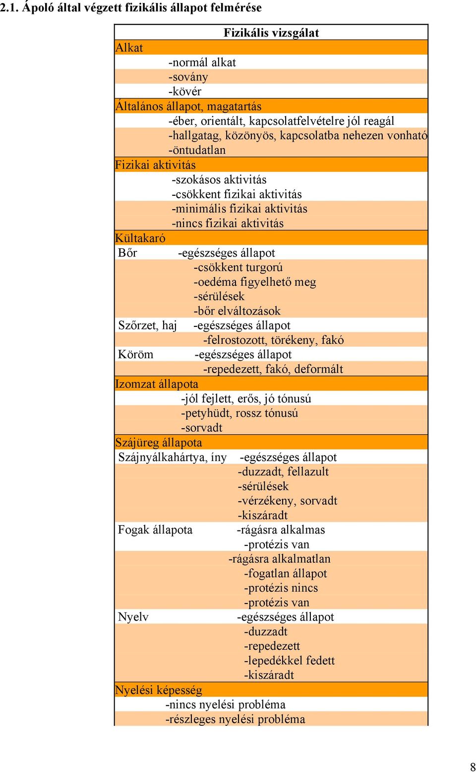 Köröm -egészséges állapot -csökkent turgorú -oedéma figyelhető meg -sérülések -bőr elváltozások -egészséges állapot -felrostozott, törékeny, fakó -egészséges állapot -repedezett, fakó, deformált