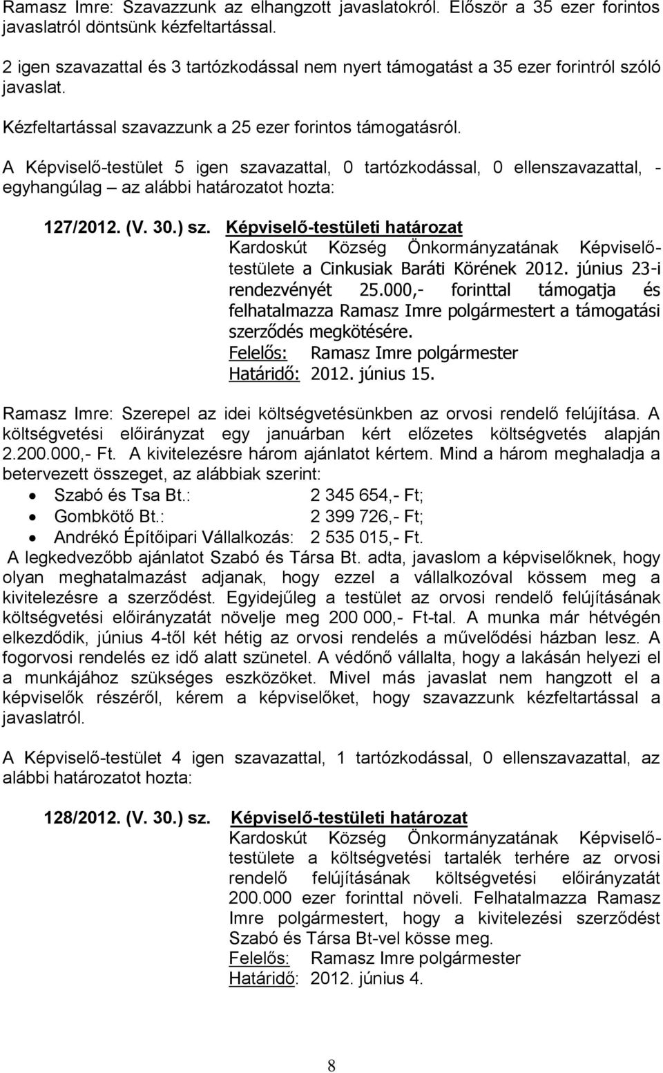 Képviselő-testületi határozat a Cinkusiak Baráti Körének 2012. június 23-i rendezvényét 25.000,- forinttal támogatja és felhatalmazza Ramasz Imre polgármestert a támogatási szerződés megkötésére.