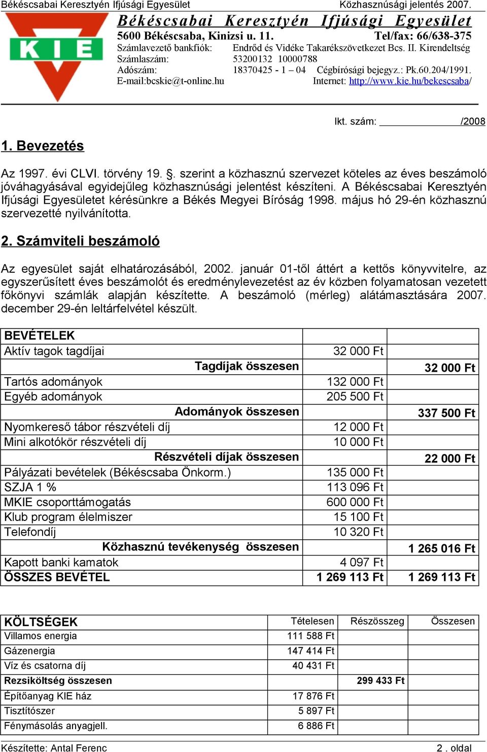 szám: /2008 Az 1997. évi CLVI. törvény 19.. szerint a közhasznú szervezet köteles az éves beszámoló jóváhagyásával egyidejűleg közhasznúsági jelentést készíteni.