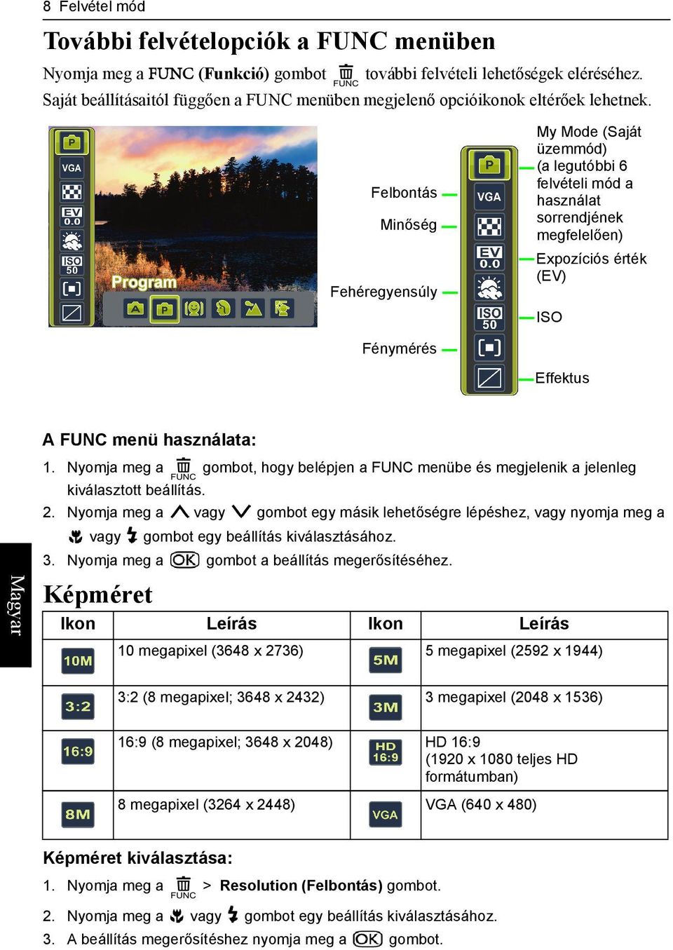 Felbontás Minőség Fehéregyensúly My Mode (Saját üzemmód) (a legutóbbi 6 felvételi mód a használat sorrendjének megfelelően) Expozíciós érték (EV) ISO Fénymérés Effektus A FUNC menü használata: 1.