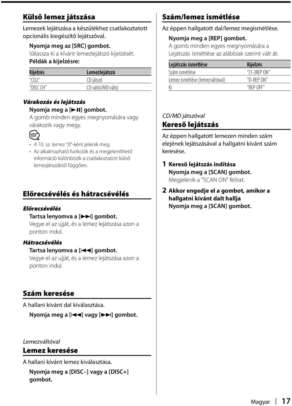 A 10. sz. lemez "0"-ként jelenik meg. Az alkalmazható funkciók és a megjeleníthető információ különbözik a csatlakoztatott külső lemezjátszóktól függően.