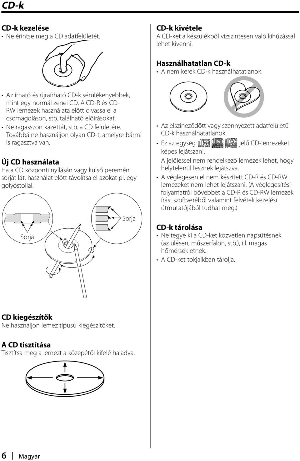 a CD felületére. Továbbá ne használjon olyan CD-t, amelyre bármi is ragasztva van. Új CD használata Ha a CD központi nyílásán vagy külső peremén sorját lát, használat előtt távolítsa el azokat pl.