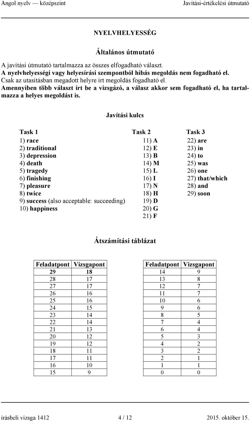 Javítási kulcs Task 1 Task 2 Task 3 1) race 2) traditional 3) depression 4) death 5) tragedy 6) finishing 7) pleasure 8) twice 9) success (also acceptable: succeeding) 10) happiness 11) A 12) E 13) B