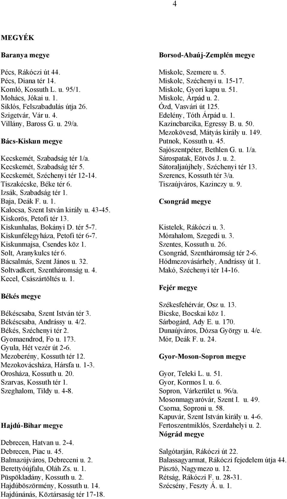 Kazincbarcika, Egressy B. u. 50. Mezokövesd, Mátyás király u. 149. B á c s -K i s k u n m e g y e Putnok, Kossuth u. 45. Sajószentpéter, Bethlen G. u. 1/a. Kecskemét, Szabadság tér 1/a.