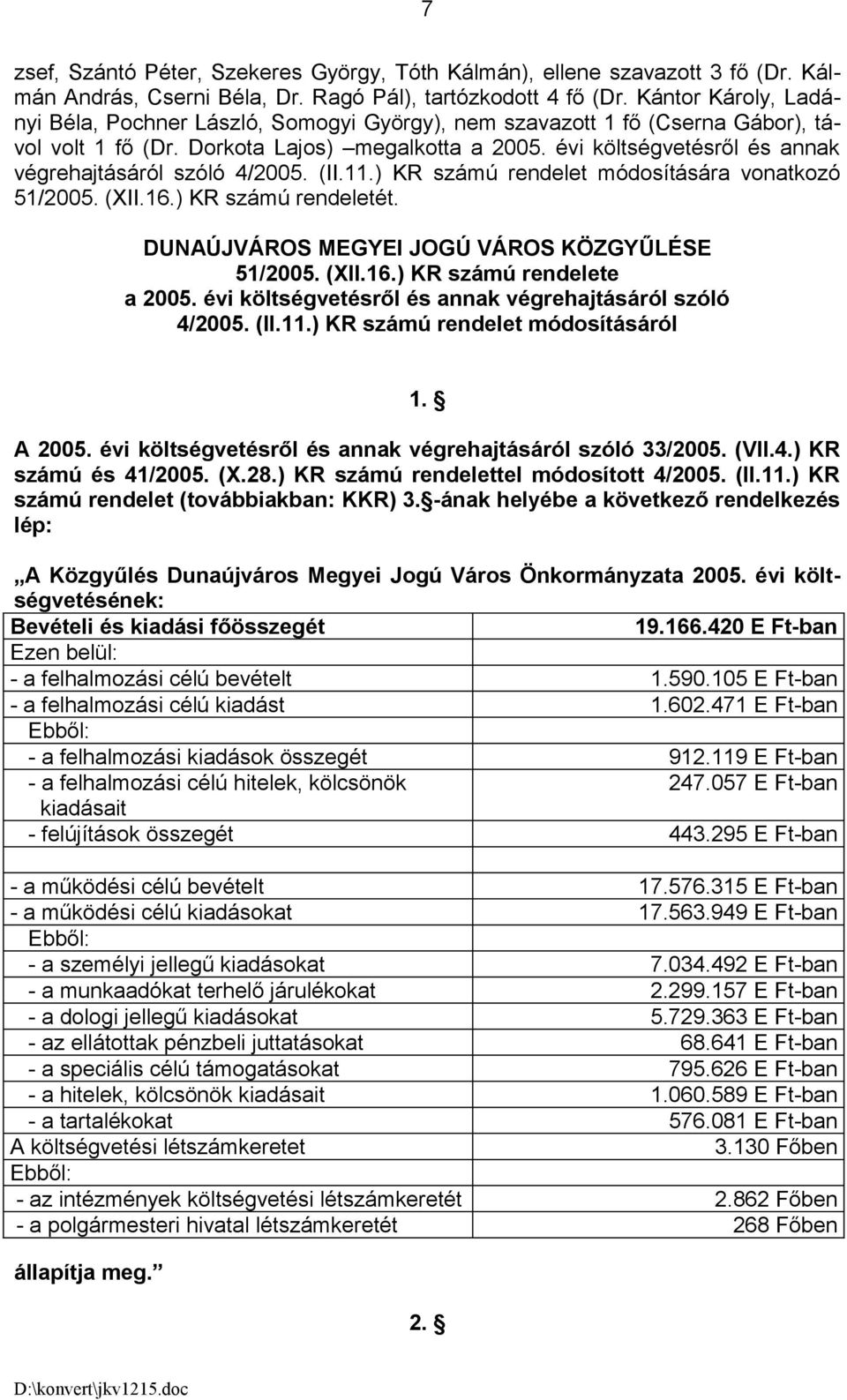 évi költségvetésről és annak végrehajtásáról szóló 4/2005. (II.11.) KR számú rendelet módosítására vonatkozó 51/2005. (XII.16.) KR számú rendeletét. DUNAÚJVÁROS MEGYEI JOGÚ VÁROS KÖZGYŰLÉSE 51/2005.