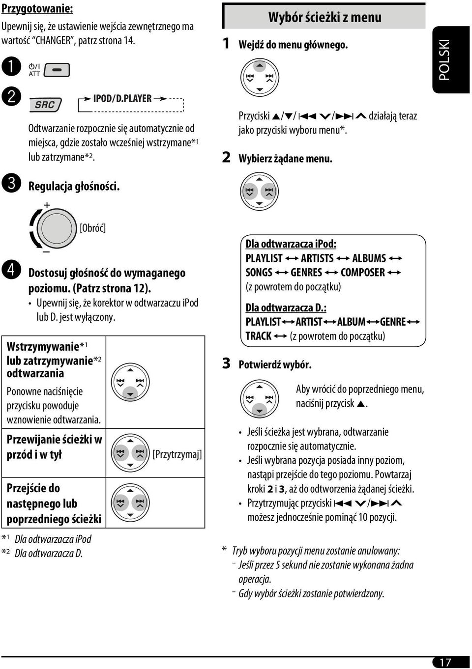 Przyciski 5/ / 4 / działają teraz jako przyciski wyboru menu*. 2 Wybierz żądane menu. POLSKI! Regulacja głośności. Dostosuj głośność do wymaganego poziomu. (Patrz strona 12).