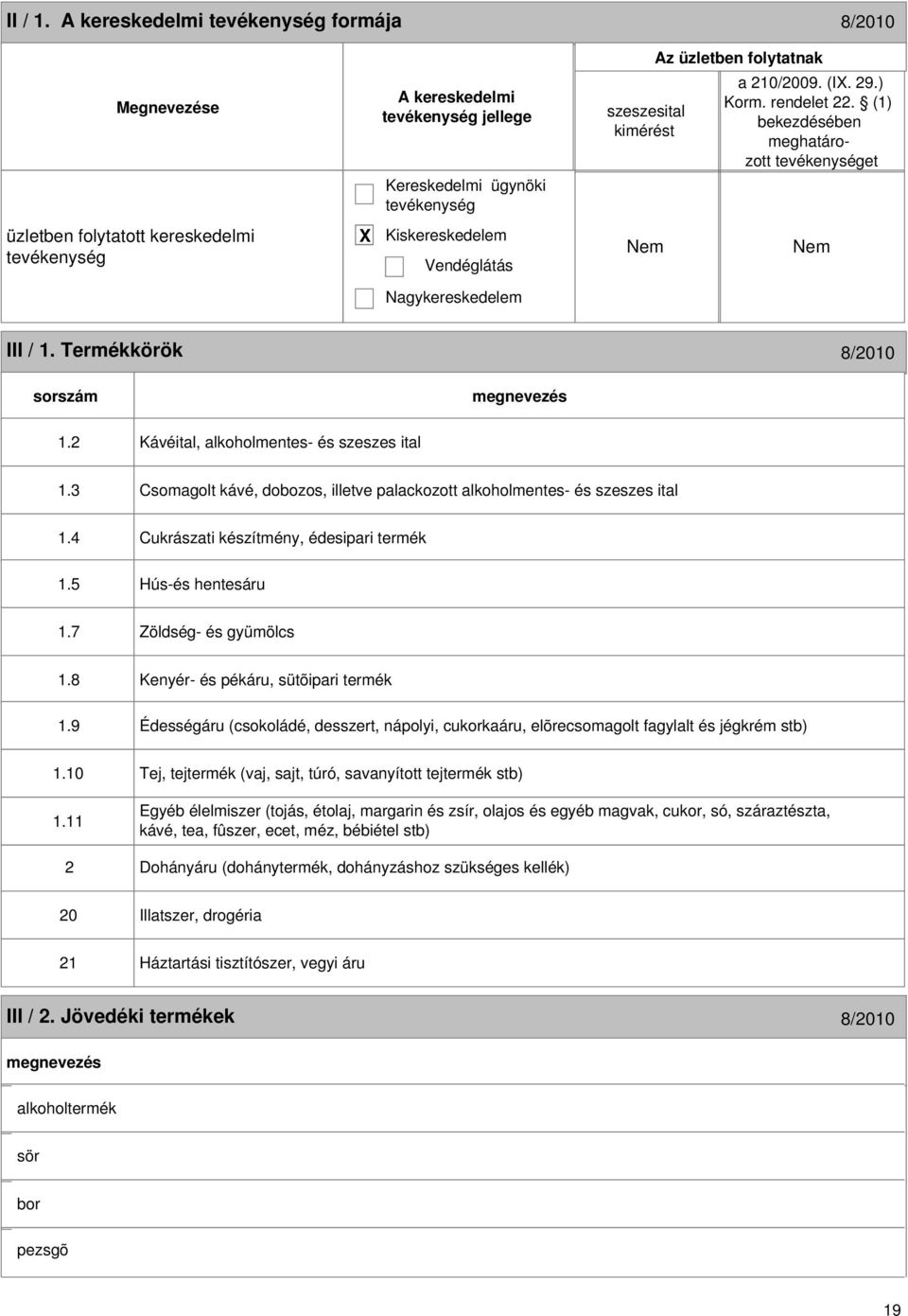 3 Csomagolt kávé, dobozos, illetve palackozott alkoholmentes- és szeszes ital 1.4 Cukrászati készítmény, édesipari termék 1.5 Hús-és hentesáru 1.7 Zöldség- és gyümölcs 1.