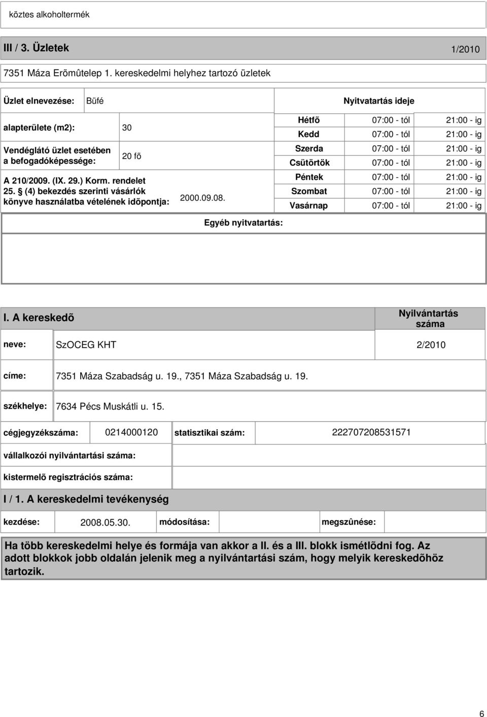 befogadóképessége: 20 fõ Szerda Csütörtök 07:00 - tól 21:00 - ig 07:00 - tól 21:00 - ig A 210/2009. (I. 29.) Korm. rendelet 25.