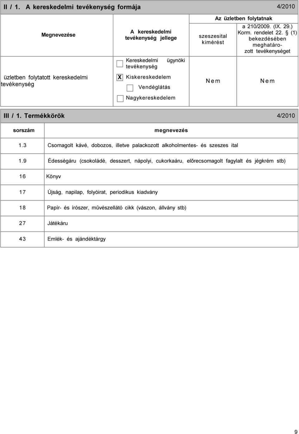 Termékkörök 4/2010 sorszám 1.3 Csomagolt kávé, dobozos, illetve palackozott alkoholmentes- és szeszes ital 1.