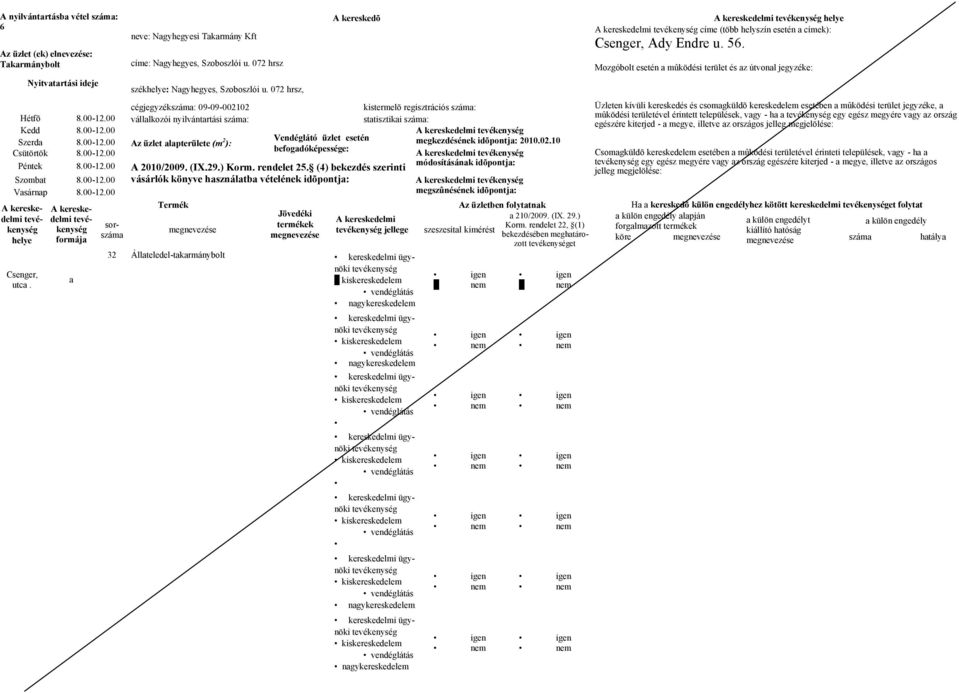 00 mûködési területével érintett települések, vgy - h egy egész megyére vgy z ország válllkozói nyilvántrtási szám: sttisztiki szám: egészére kiterjed - megye, illetve z országos 8.00-12.00 Szerd 8.