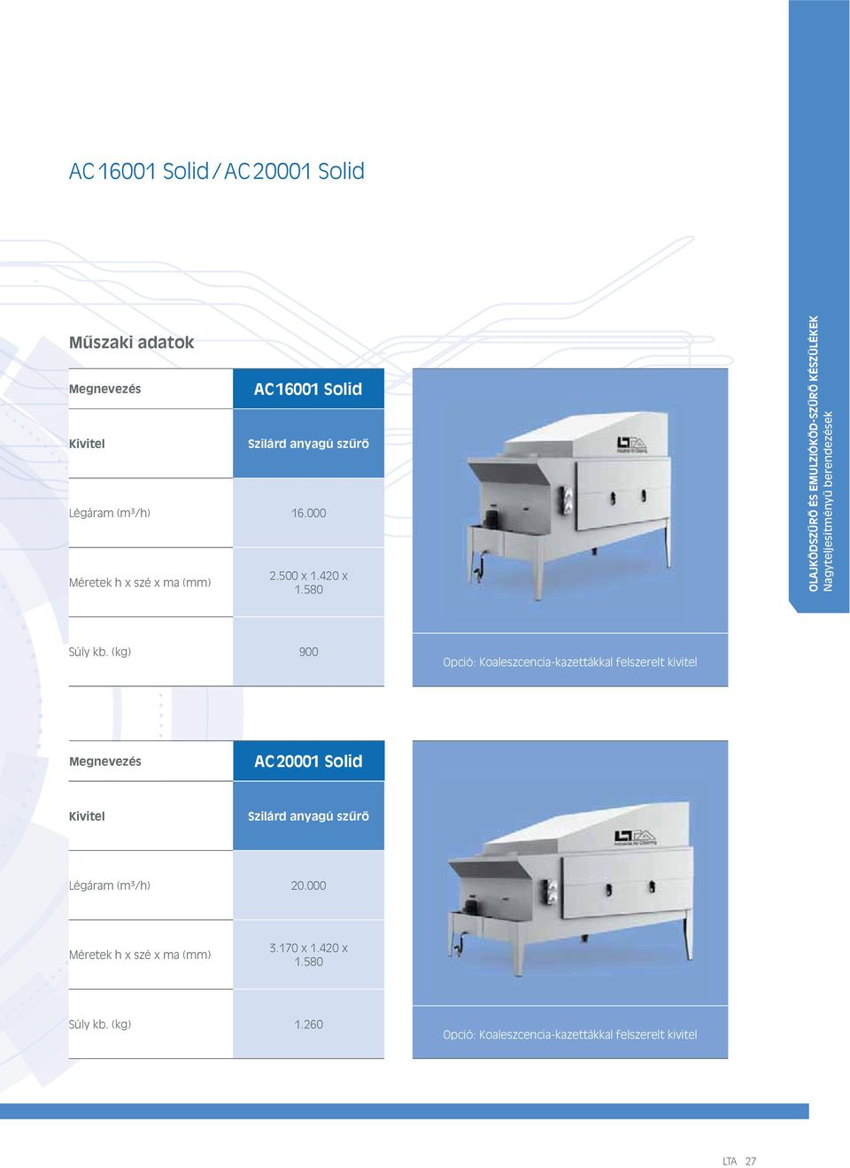 (kg) 900 Opció: Koaleszcencia-kazettákkal felszerelt kivitel AC 20001 Solid Szilárd anyagú szűrő