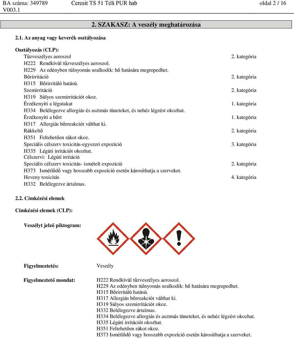 Érzékenyíti a légutakat H334 Belélegezve allergiás és asztmás tüneteket, és nehéz légzést okozhat. Érzékenyíti a bőrt H317 Allergiás bőrreakciót válthat ki. Rákkeltő H351 Feltehetően rákot okoz.