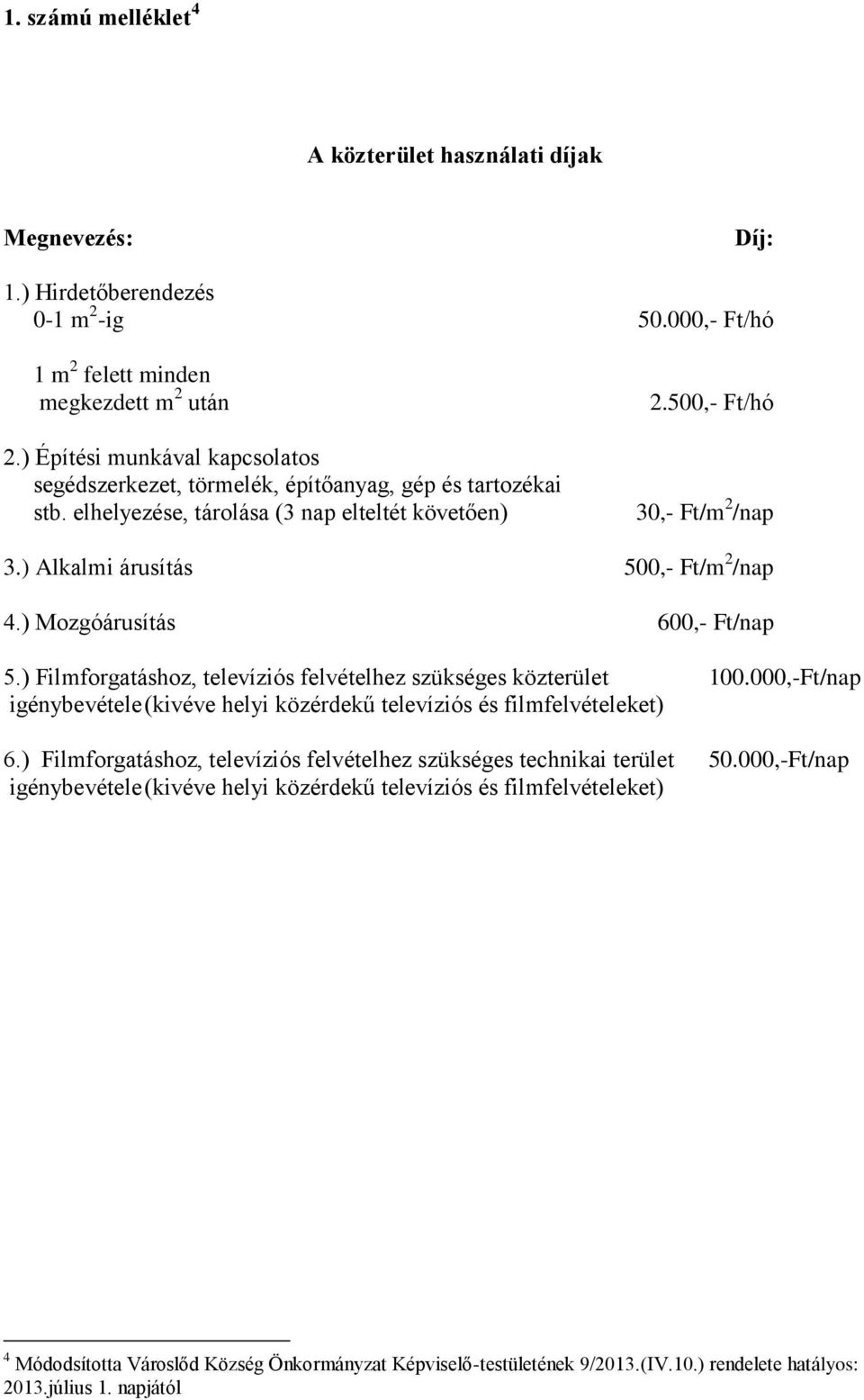 ) Alkalmi árusítás 500,- Ft/m 2 /nap 4.) Mozgóárusítás 600,- Ft/nap 5.) Filmforgatáshoz, televíziós felvételhez szükséges közterület 100.